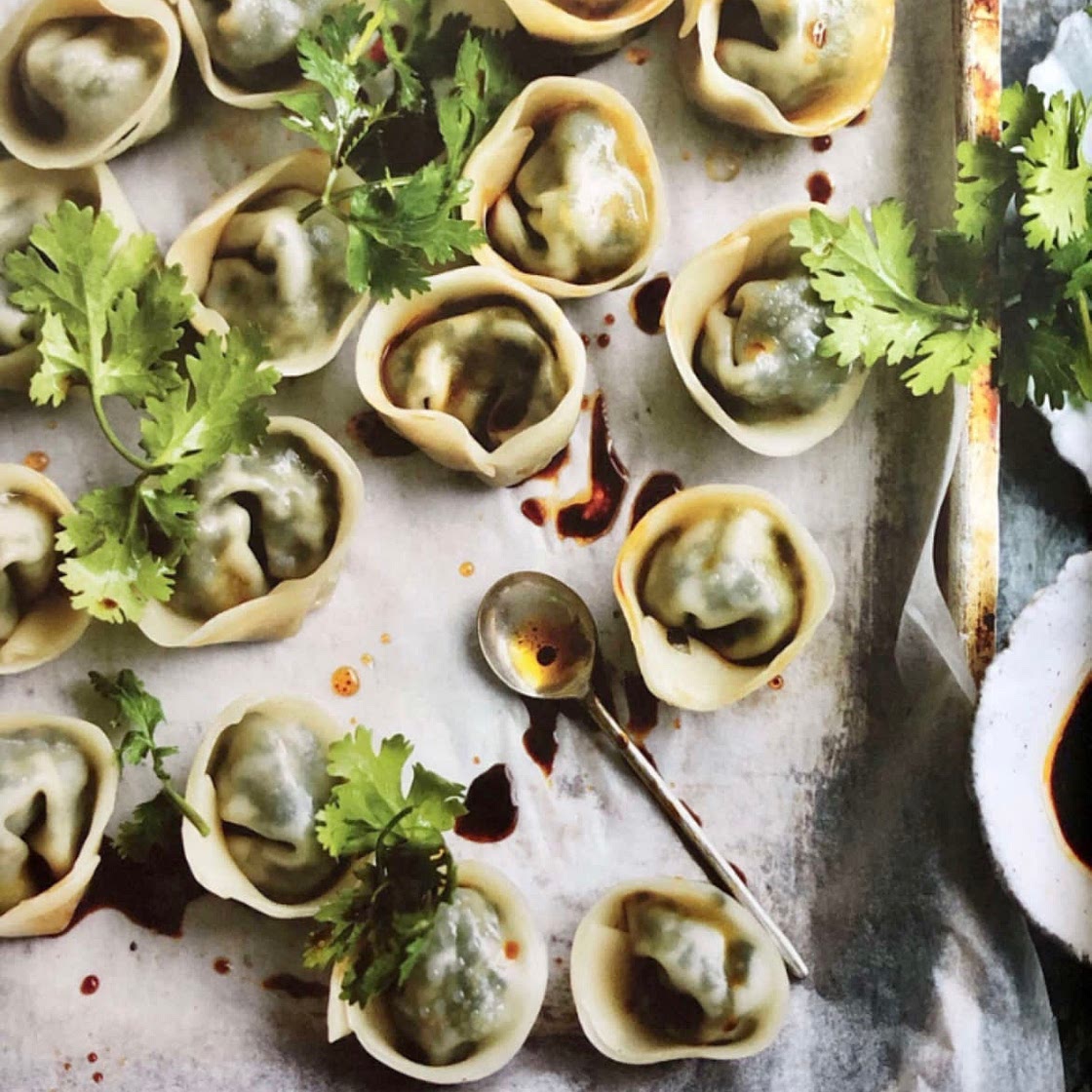 Green Dumplings with Soy Chili Dipping Sauce
