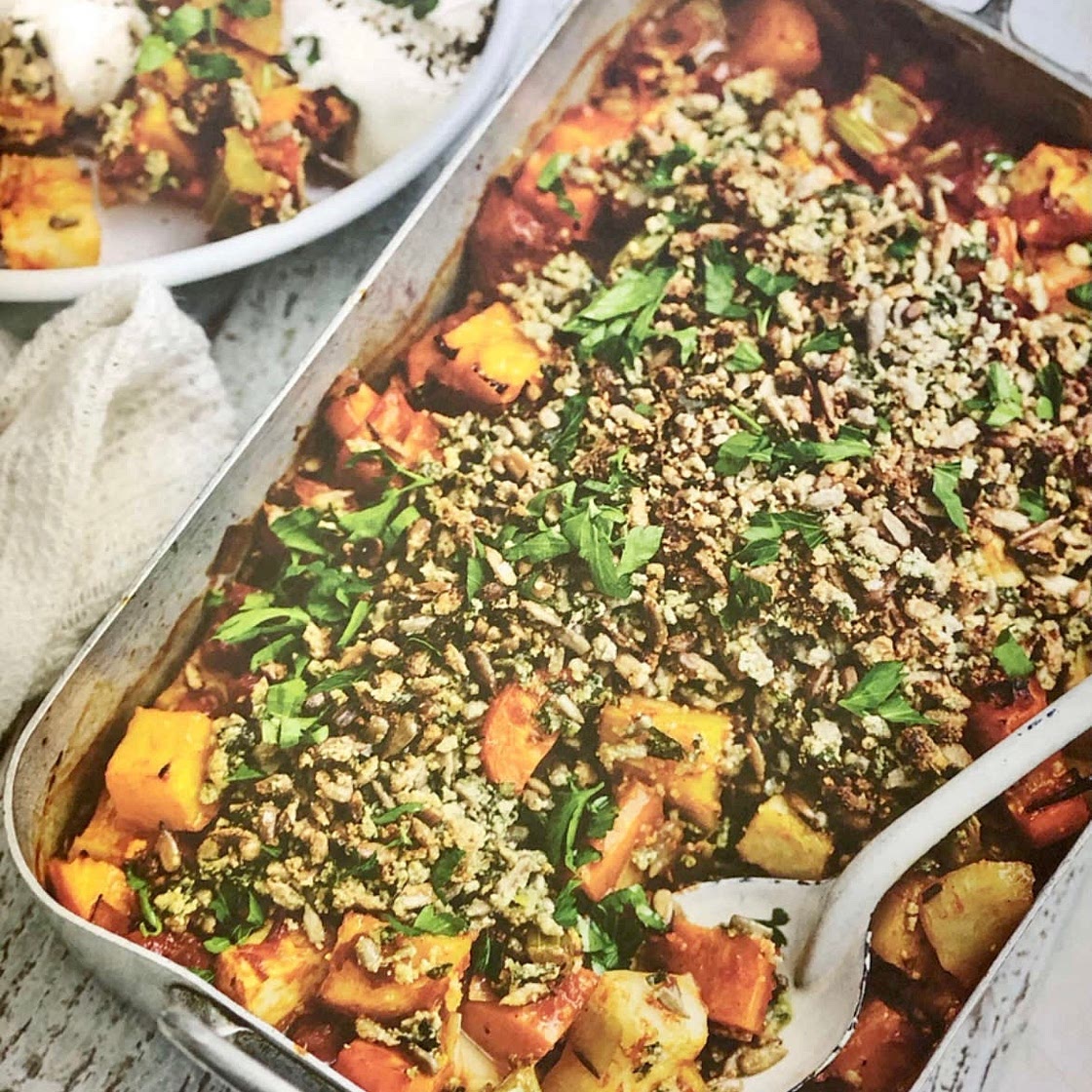 Winter Vegetable Bake with Tahini Seed Crumble