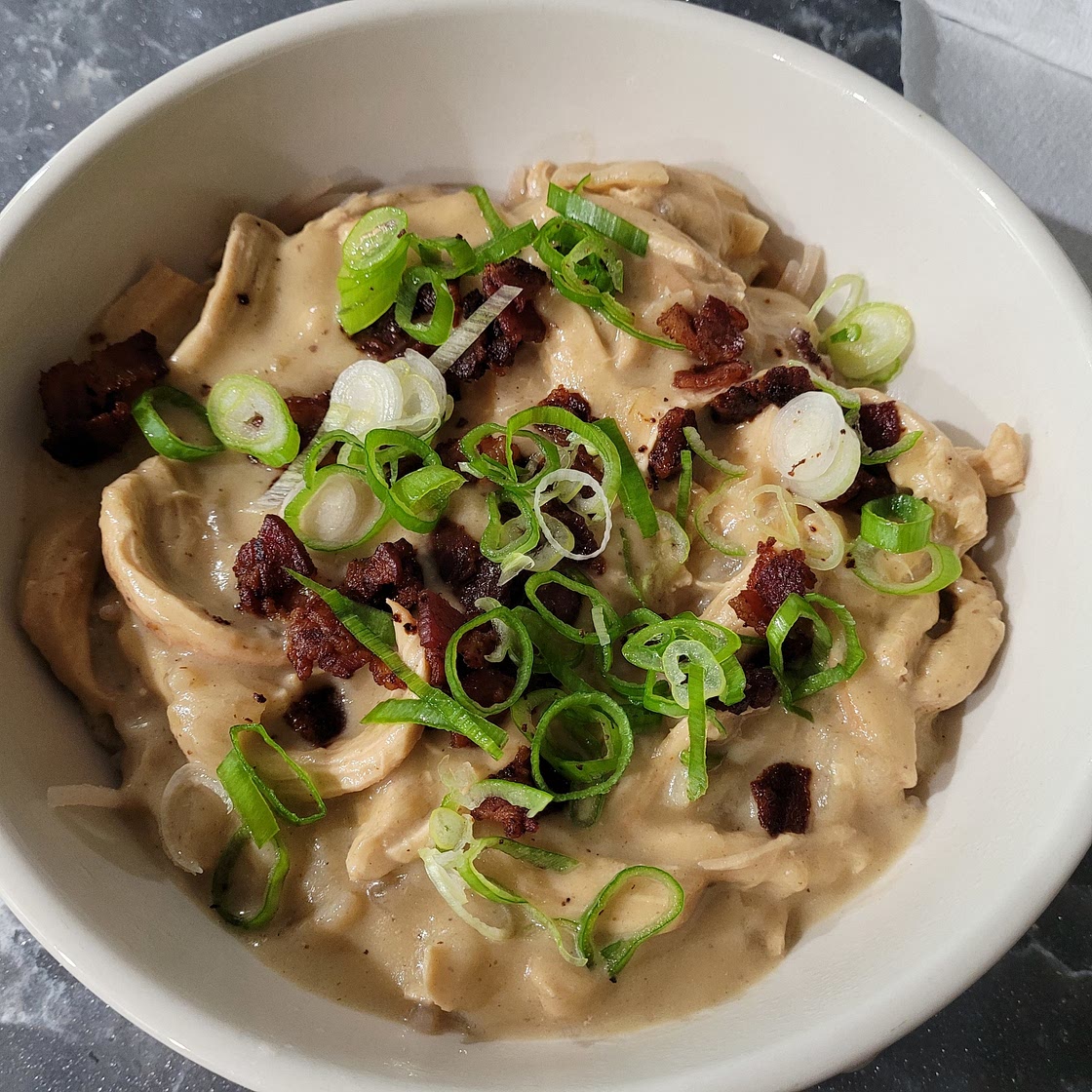 Chicken Alfredo With Caramelized Onions and Bacon
