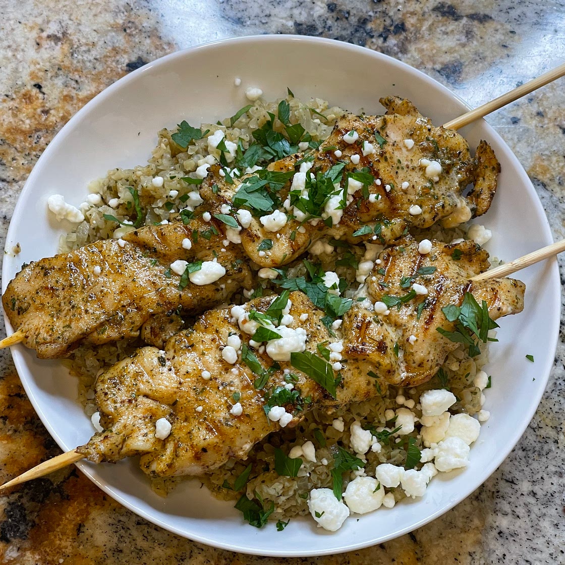 Greek Style Cauliflower Rice & Chicken Kebobs