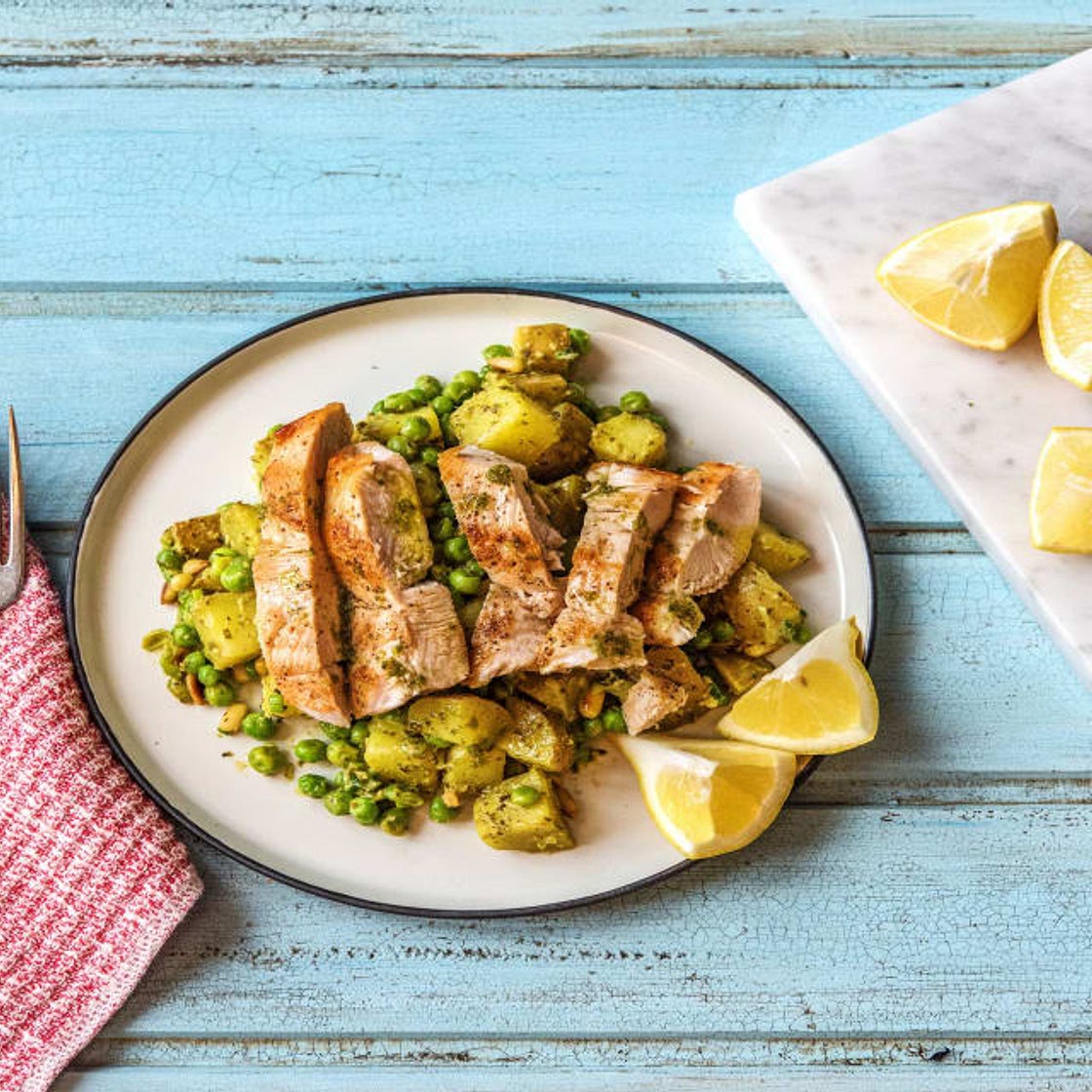 Lemony Pan-Seared Chicken with Pesto, Peas, & Potatoes