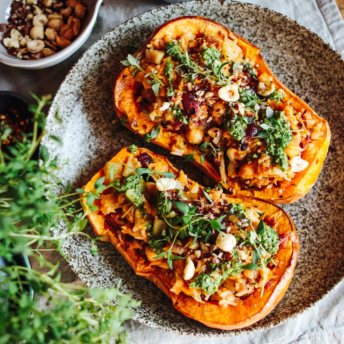 Squash Stuffed Herby Fennel Rice and Pesto