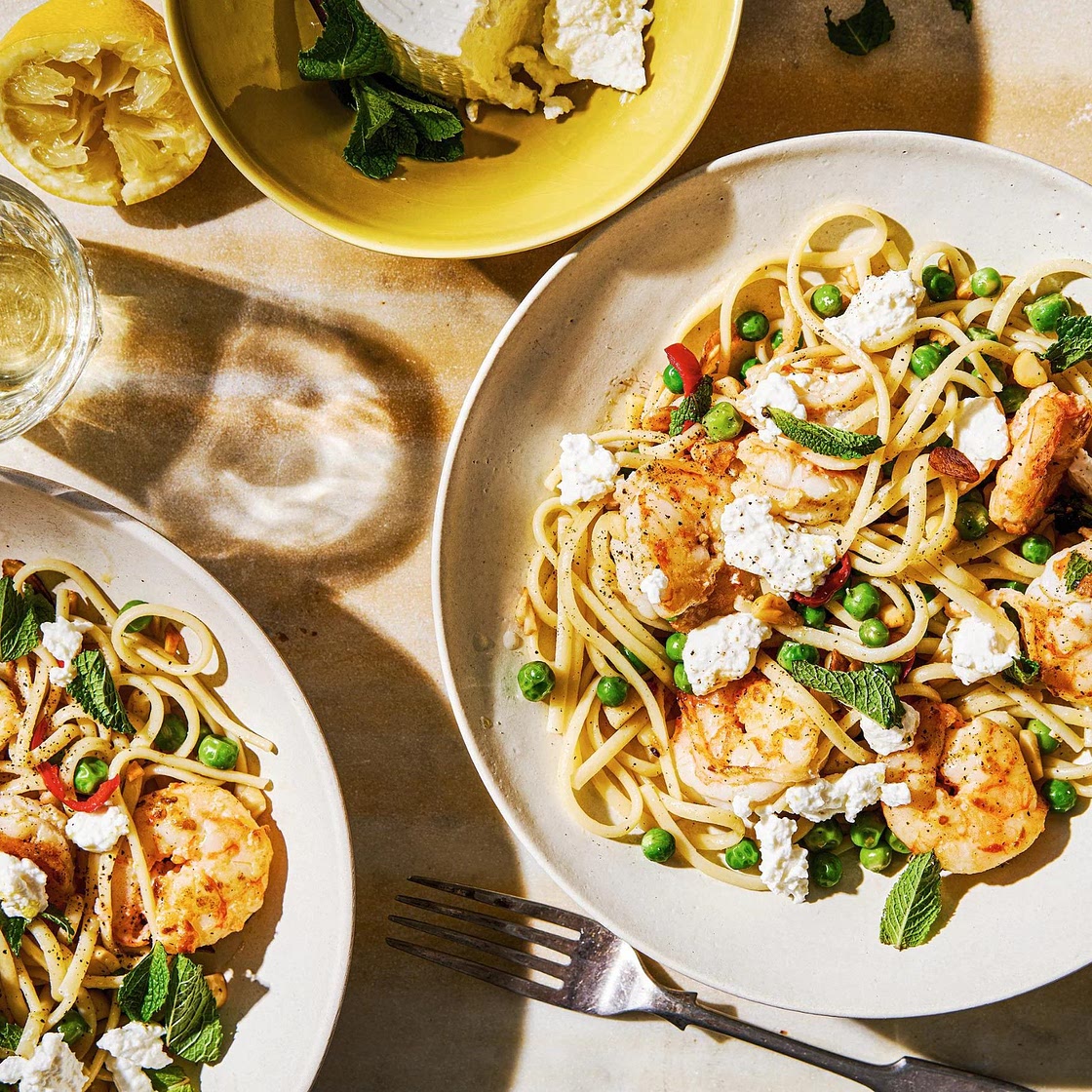Linguine with prawns, peas, ricotta, chilli and mint recipe