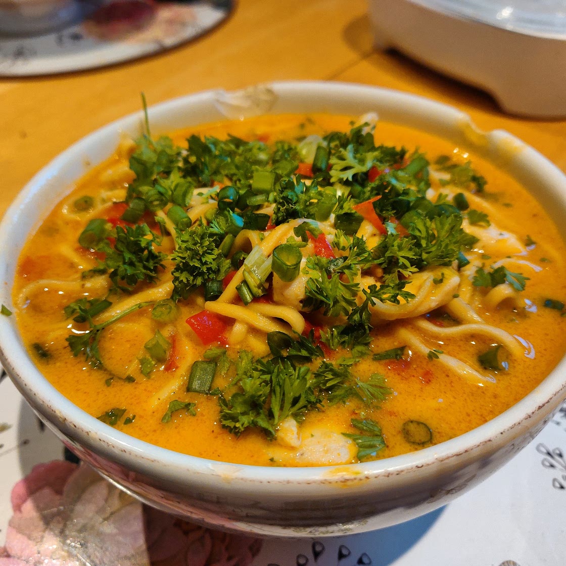 Fragrant Chicken Laksa with Red Peppers and Noodles