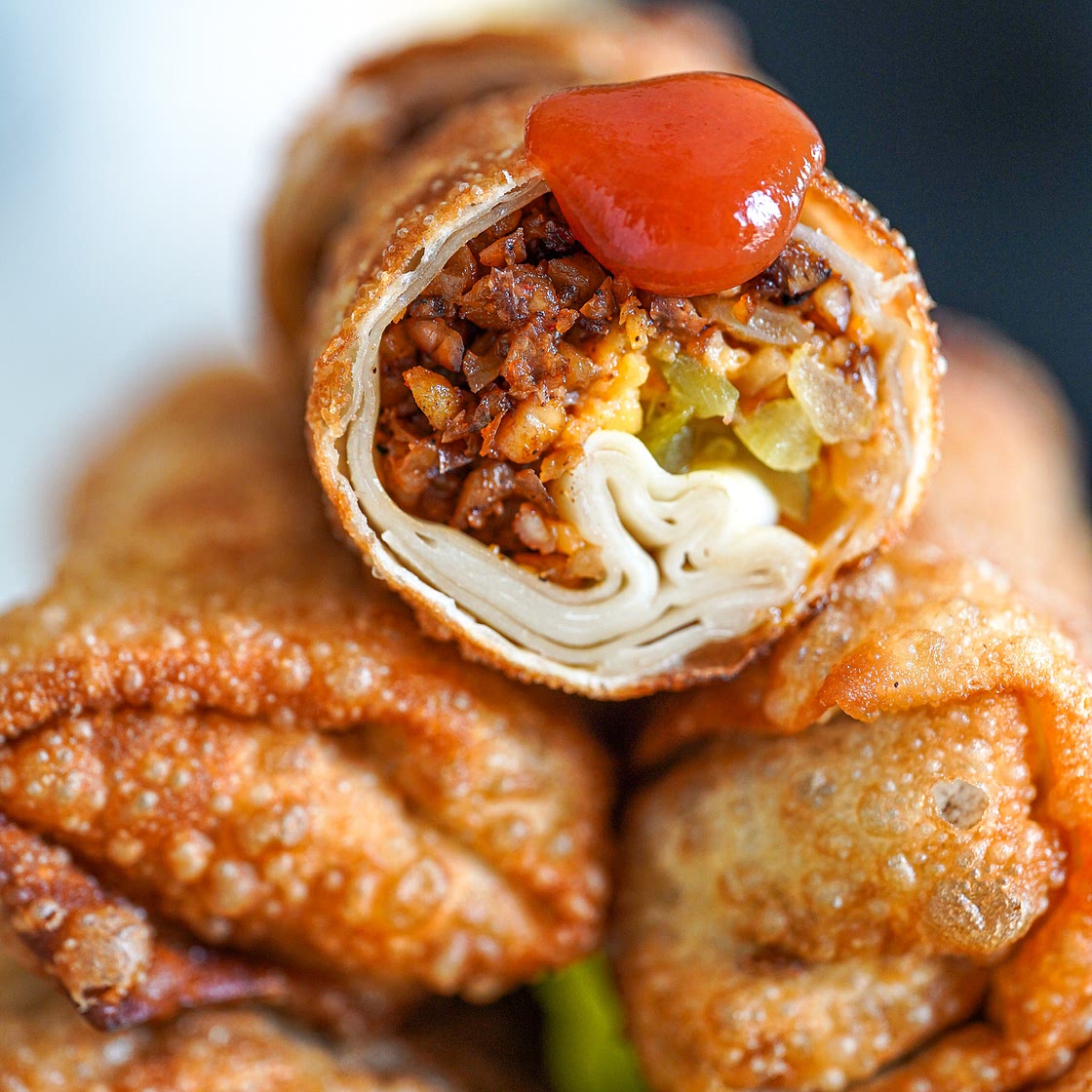 Cheese Burger Rolls Using egg roll wrappers & walnuts.