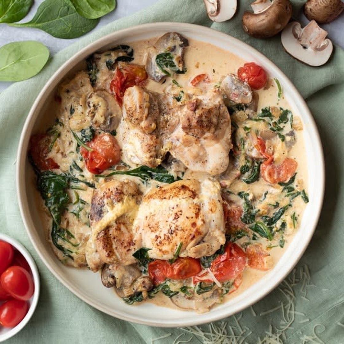 Keto Creamy Tuscan Chicken with Mushrooms, Spinach, & Cherry Tomatoes