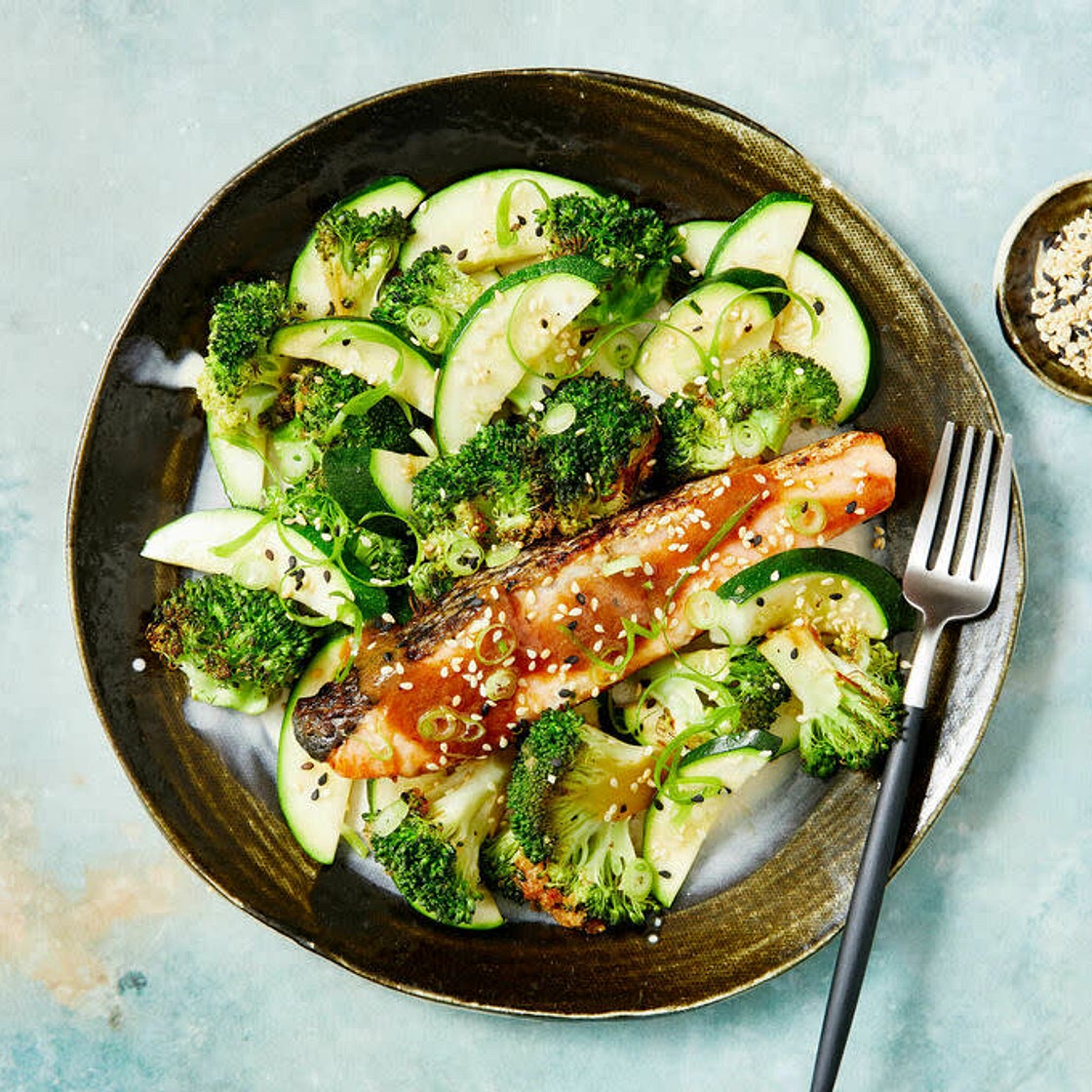 Reduced-Carb Miso Salmon with Soy-Roasted Greens & Sesame
