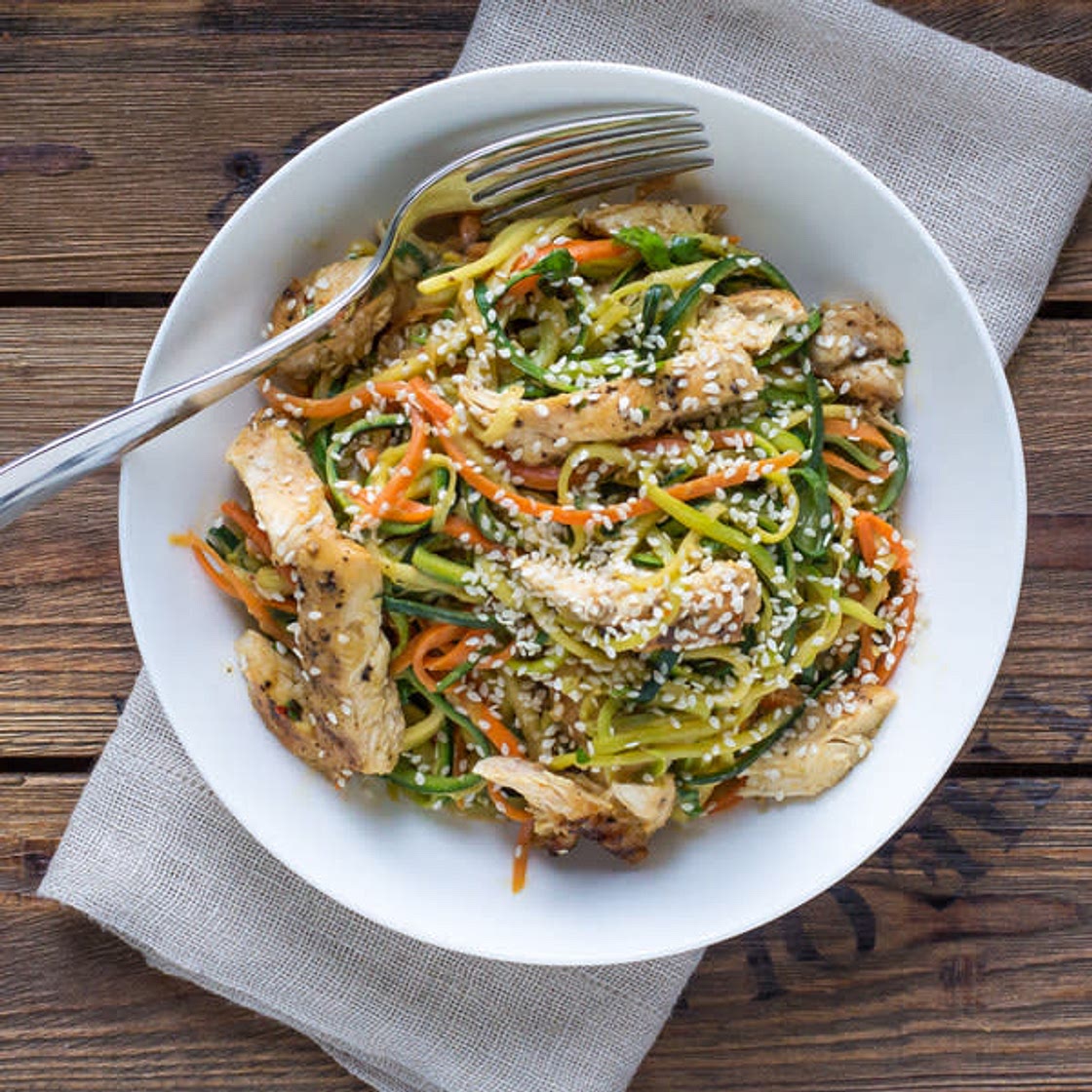 Keto Chicken & Zucchini Noodle Salad with Spicy Peanut Sauce
