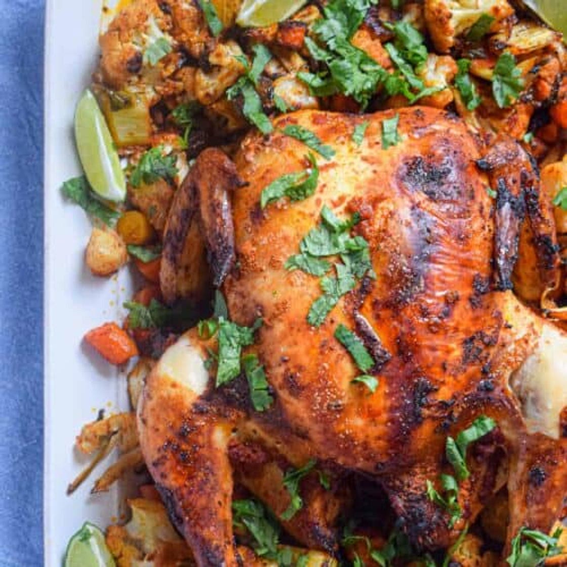 Curried Roast Chicken with Cauliflower and Carrots