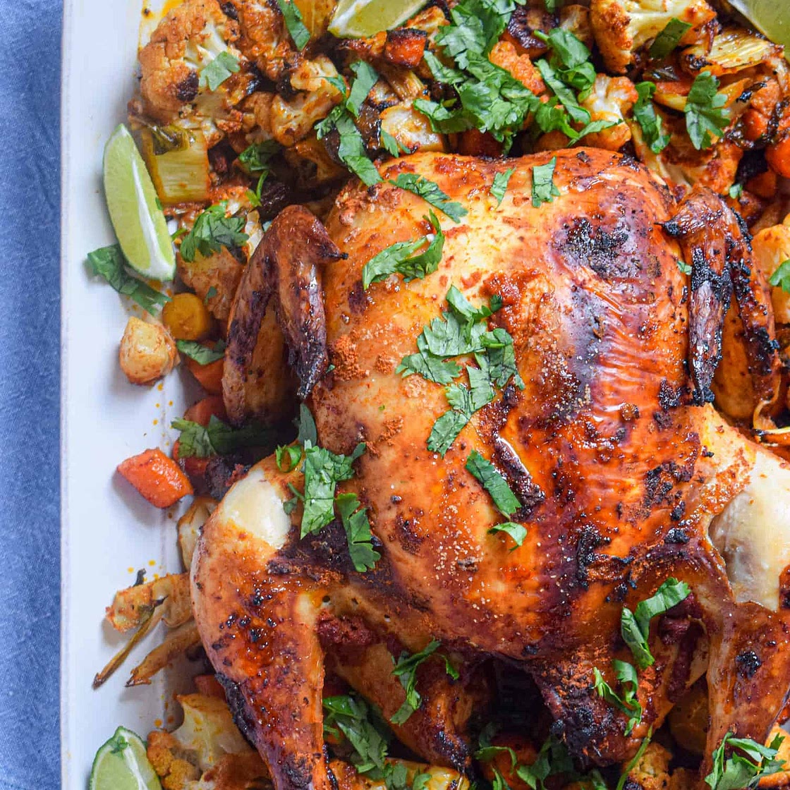 Curried Roast Chicken with Cauliflower and Carrots