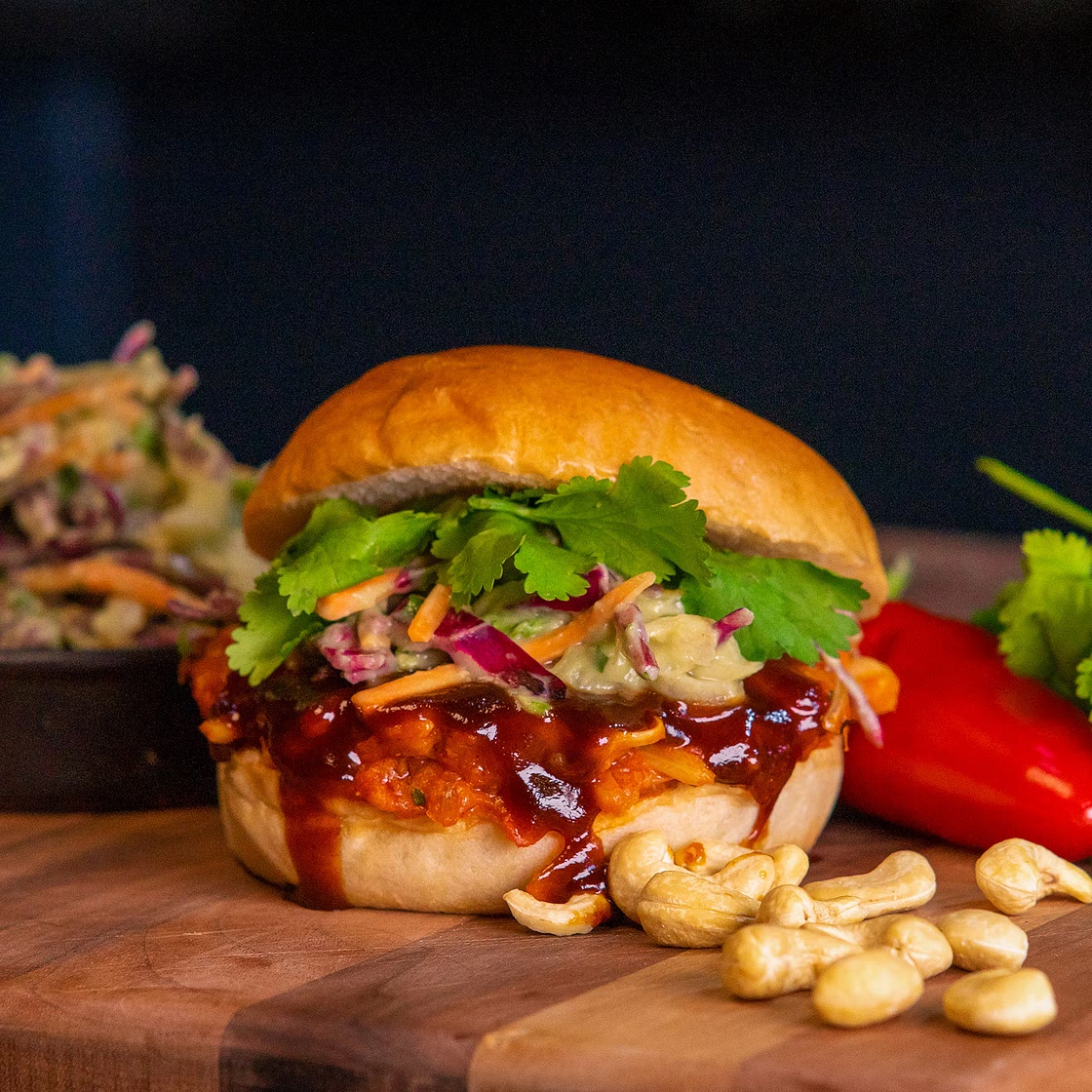 Sticky BBQ Pulled Jackfruit, Toasted Cashew Nuts and Avocado Slaw by Pureety