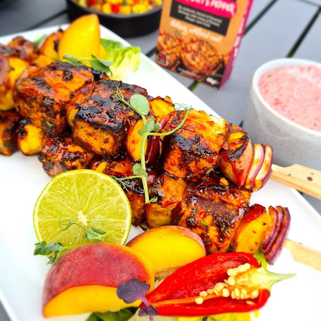 Spicy Salt and Pepper Tofu, Peach and Red Onion skewers by Pureety