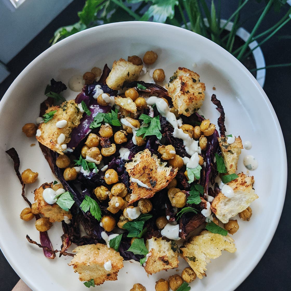 Roasted Cabbage Steaks With Crispy Chickpeas and Herby Croutons