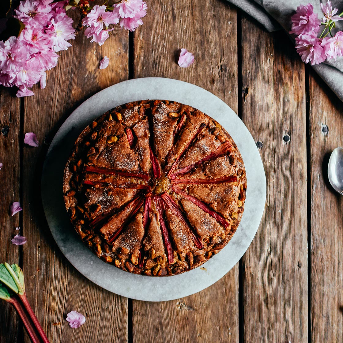 rhubarb pistachio coffee cake — the farmer's daughter | let's bake something