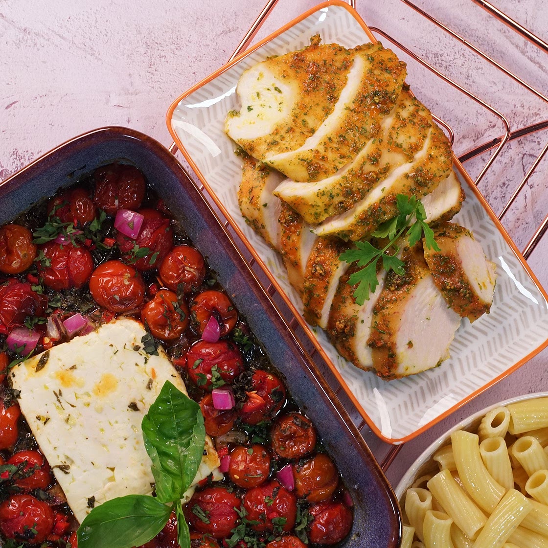 Feta and Tomato Bake with Garlic Butter Chicken by Pureety