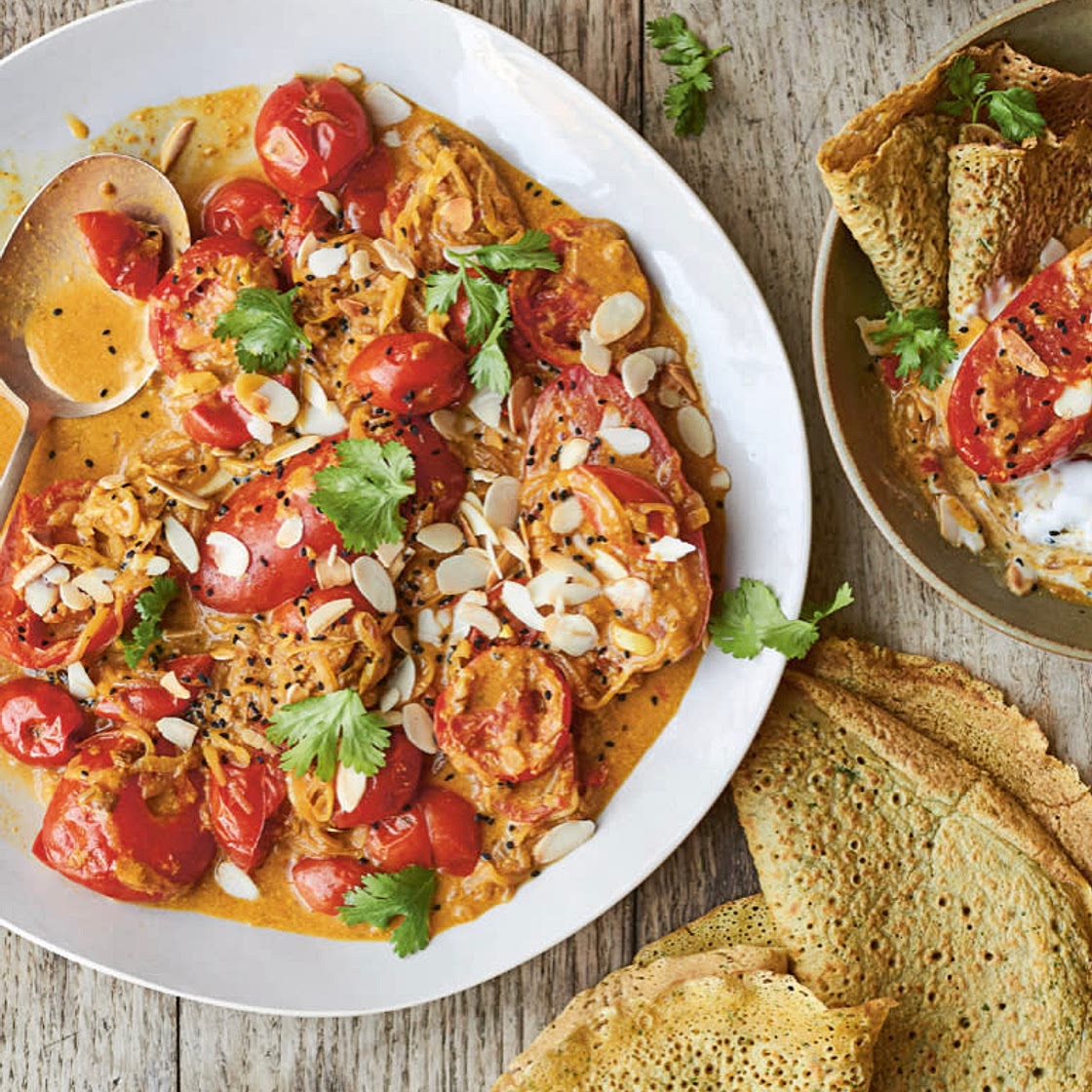 South Indian Tomato Curry with Coriander Pancakes
