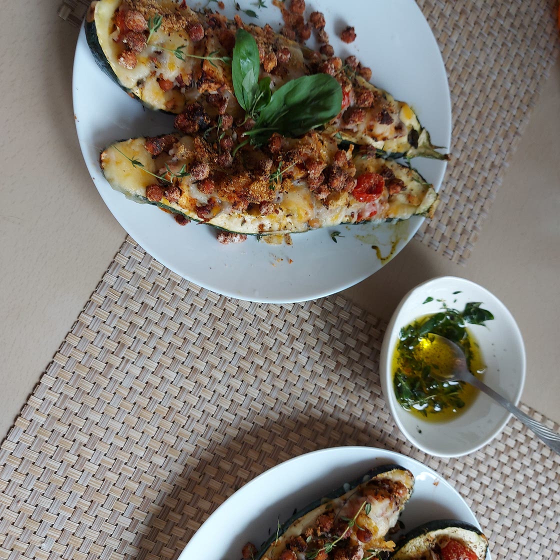 Spicy Chickpea and Cheese Stuffed Zucchini