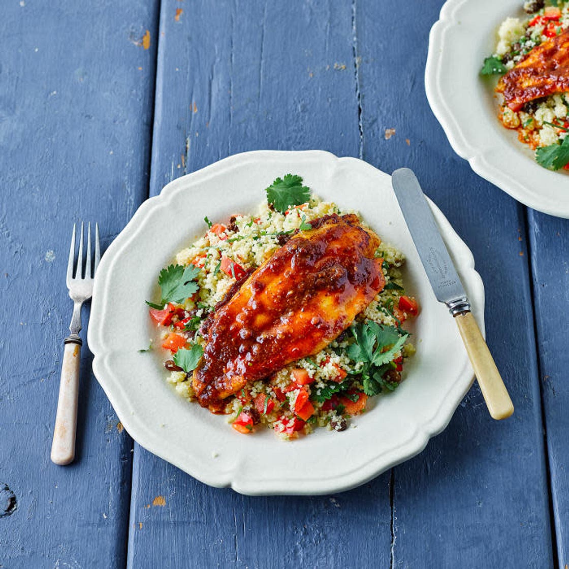 G - 600 Calories or Under - Harissa Fish On Red Pepper Couscous