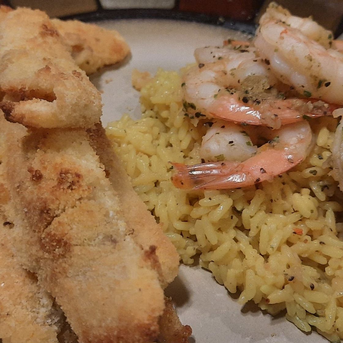 Oven Fried Catfish with Rice and Scrimp