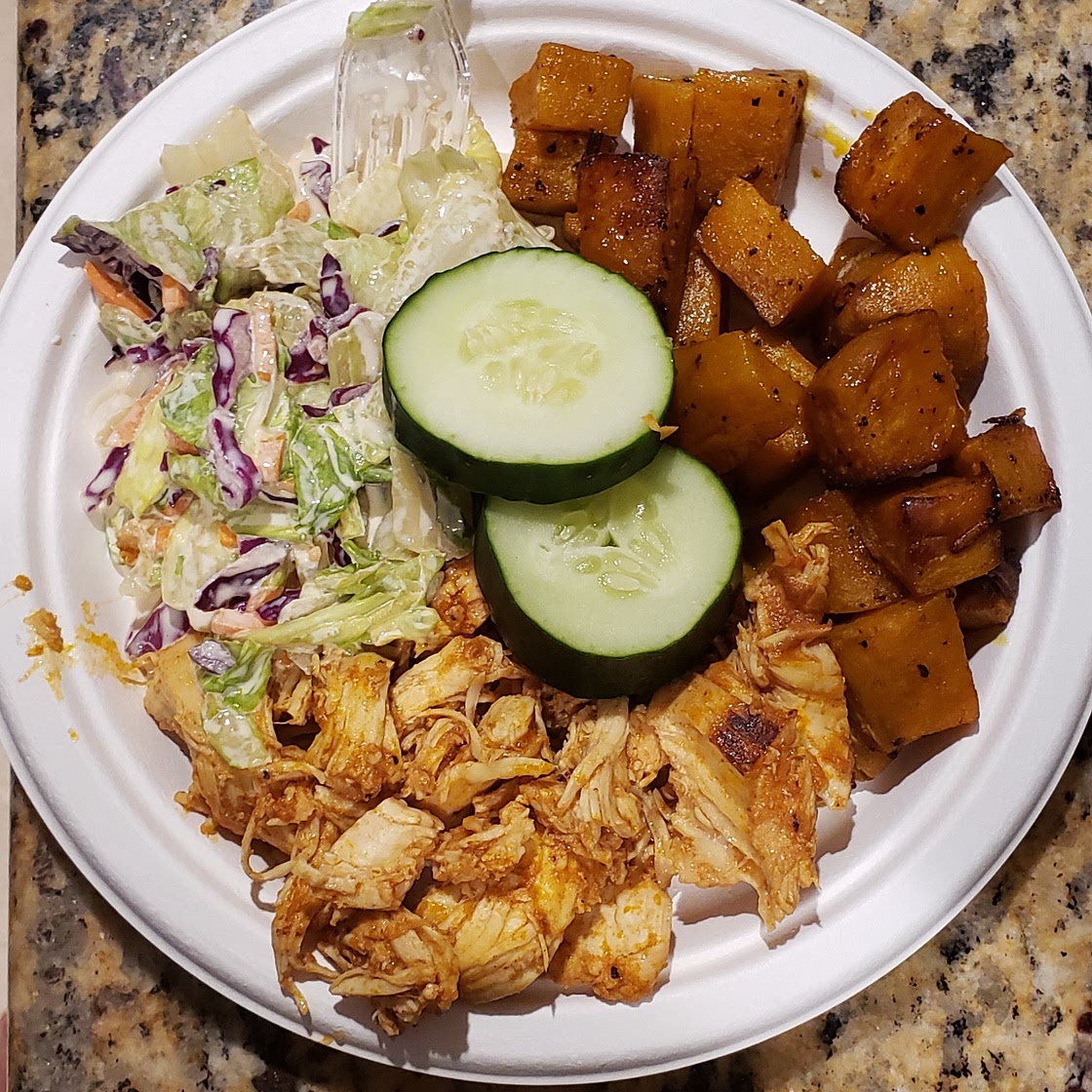 BBQ Chicken Bowls with Sweet Potatoes, Coleslaw, and Pickles
