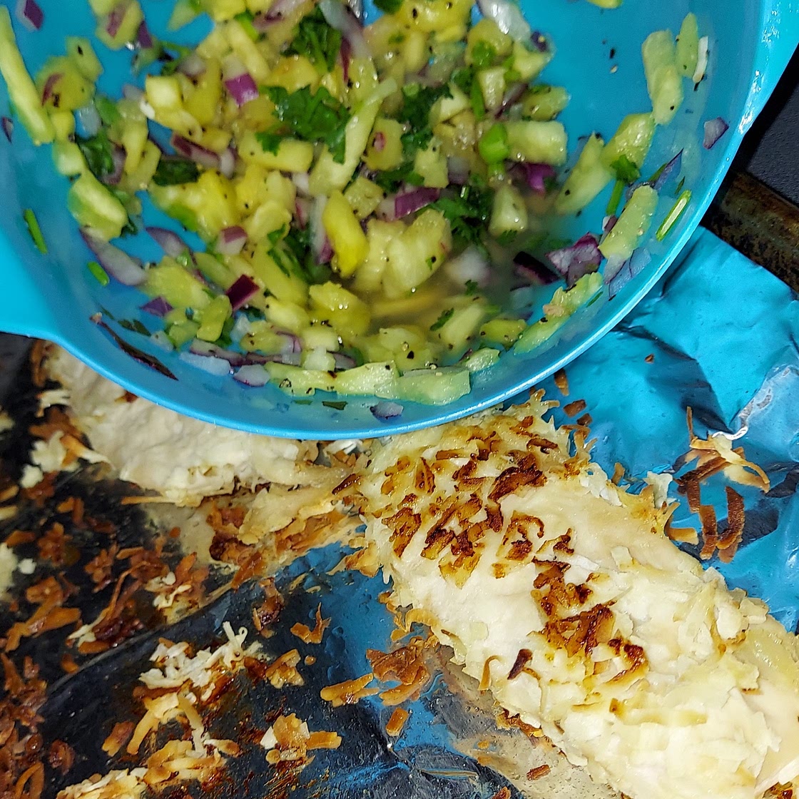Coconut Crusted Chicken Fingers with Pineapple Salsa