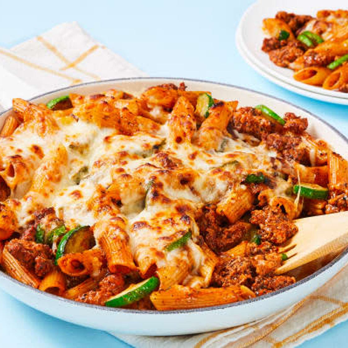 Chicken sausage penne with pink sauce plus zucchini & melty mozz an Everyplate copy-cat recipe