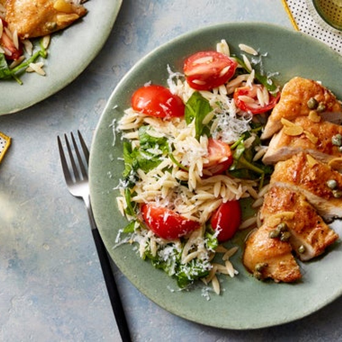 Chicken & Lemon-Caper Sauce with Orzo Pasta & Spinach