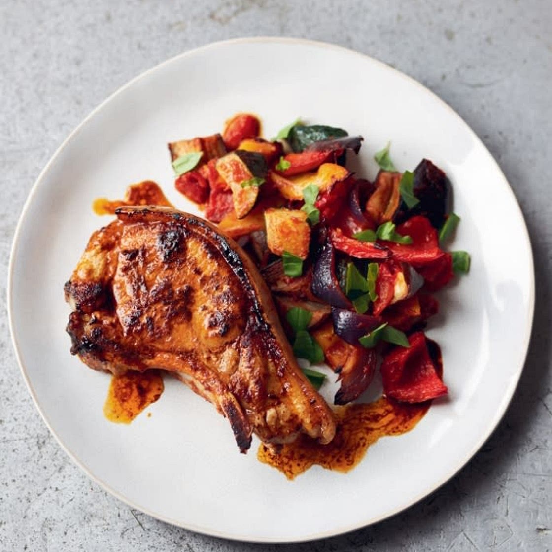 PORK CHOPS WITH ROAST VEGETABLE RATATOUILLE