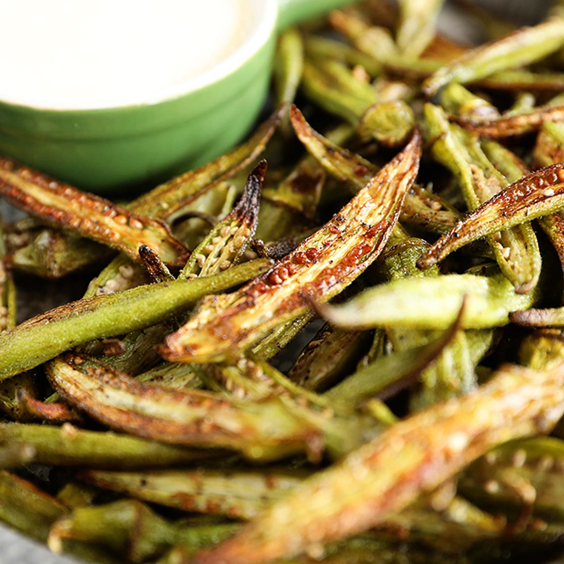 Crispy Roasted Okra with Creamy Lemon Dressing