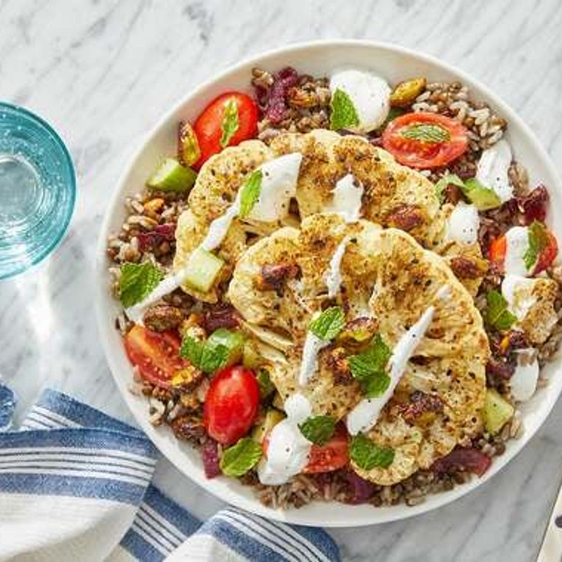 Middle Eastern Brown Rice & Lentils with Dukkah-Roasted Cauliflower Steaks