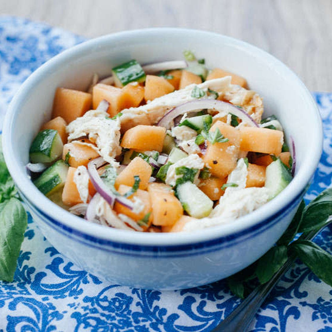 Chicken salad with melon, chile, cucumber and basil