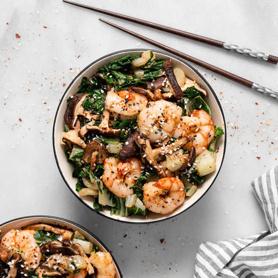 Garlic shrimp with shiitake and bok choy