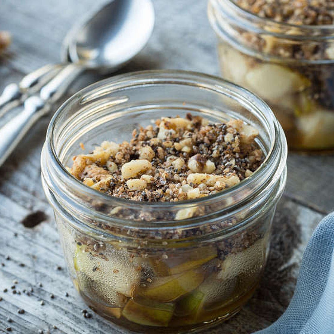 Warm pears with chia walnut crumble
