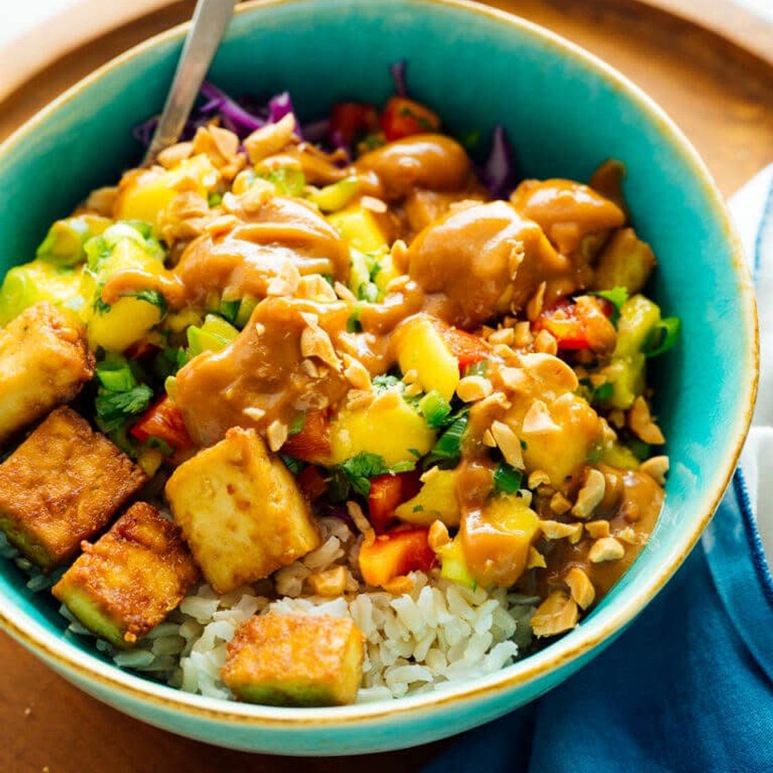 Mango “Burrito” Bowls with Crispy Tofu and Peanut Sauce