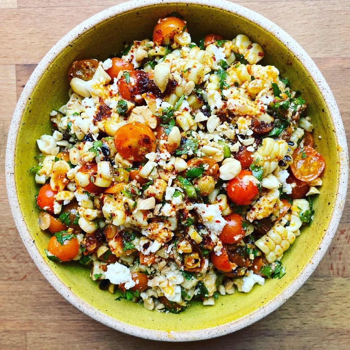Corn and Tomato Salad with Spicy Bagna Cauda and Roasted Peanuts