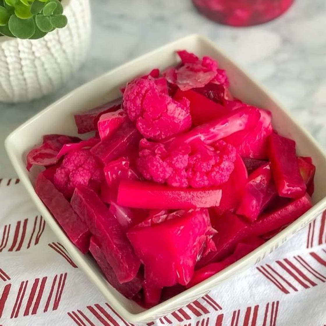 Maxlal / red pickled vegetables My favorite pickled vegetables, we eat it with all our meals especially rice and stew dishes. ——Ingredients—— -1/2 head of cauliflower -3 large beets -1/2 a cabbage -carrots -2 turnips -2 celery stalks -3 cloves of garlic -1