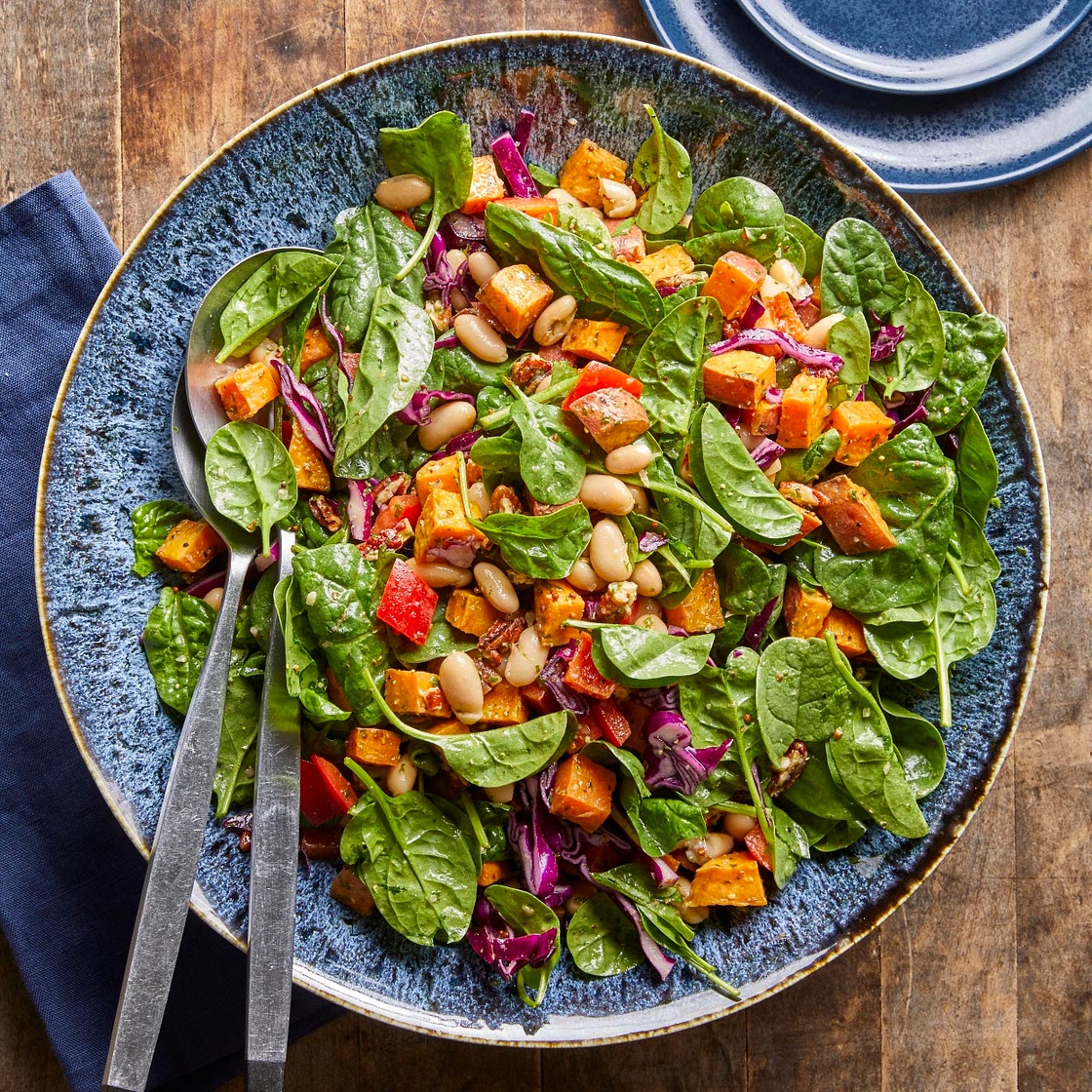 Spinach Salad with Roasted Sweet Potatoes, White Beans & Basil