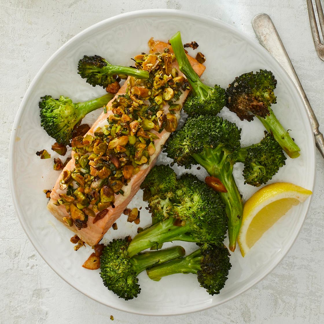 Roasted Pistachio-Crusted Salmon with Broccoli
