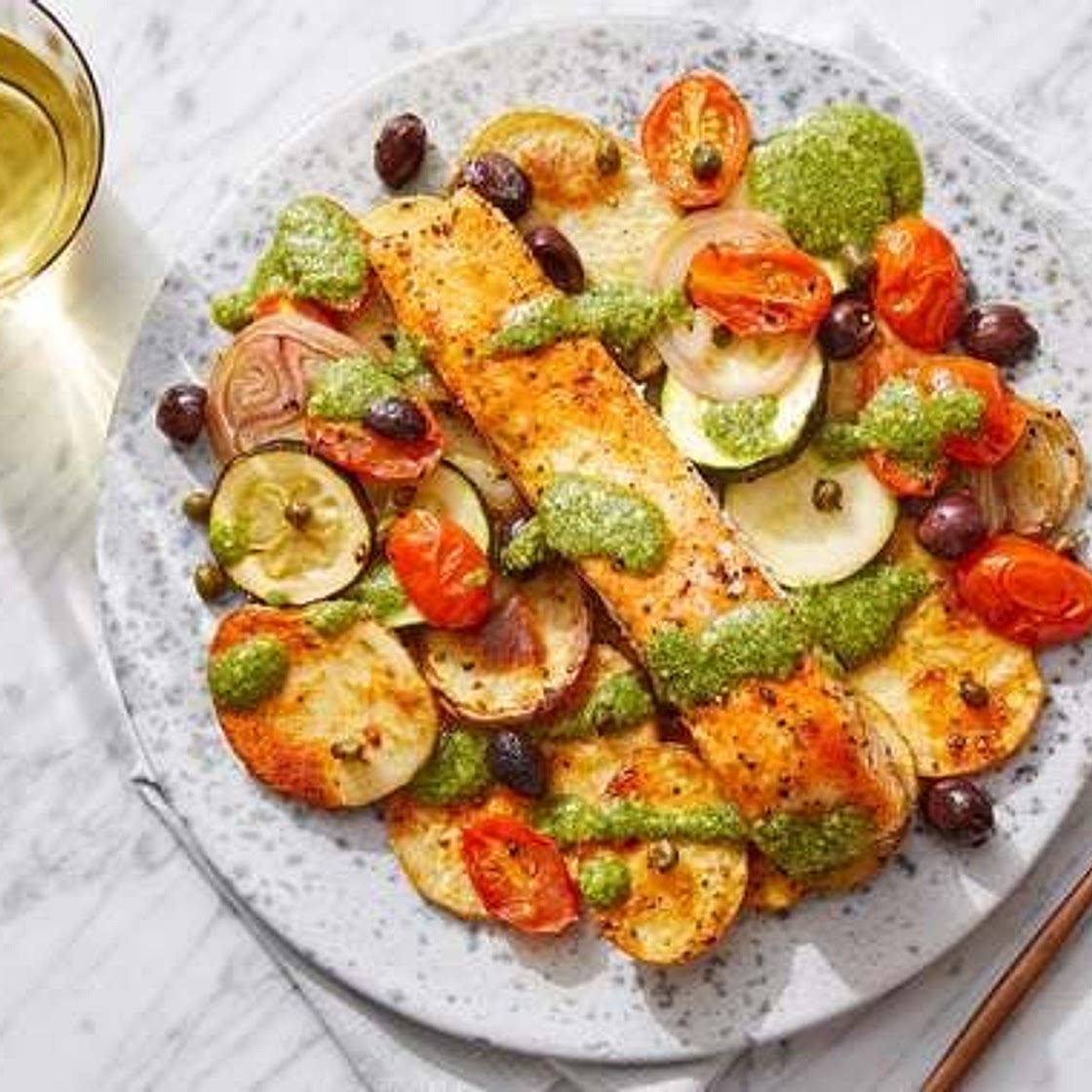 Pesto Salmon & Roasted Vegetables with Olives & Capers