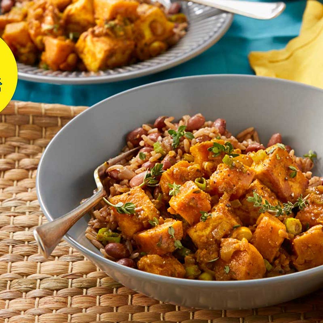 Caribbean Tofu and Sweet Potato Curry with Rice and Peas
