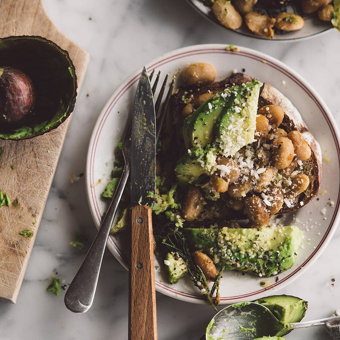 Miso beans on toast with avocado