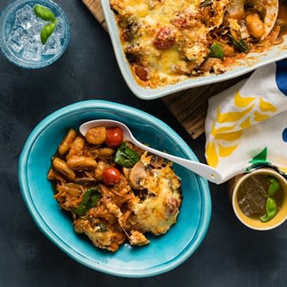 Grilled Double-Cheese Gnocchi with Mushroom & Cherry Tomato Sauce