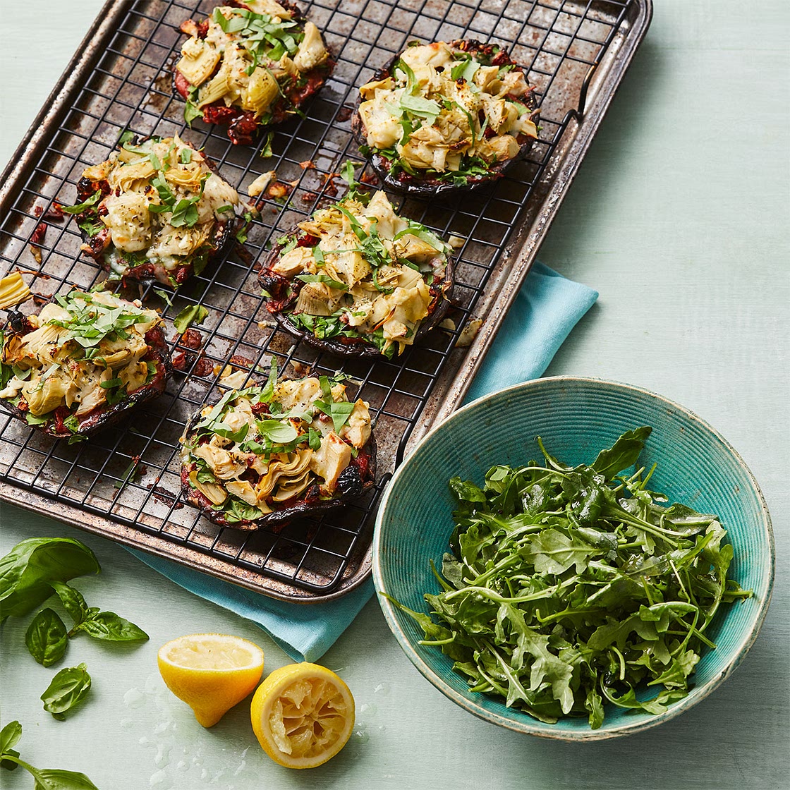 Mediterranean Portobello Mushroom Pizzas with Arugula Salad