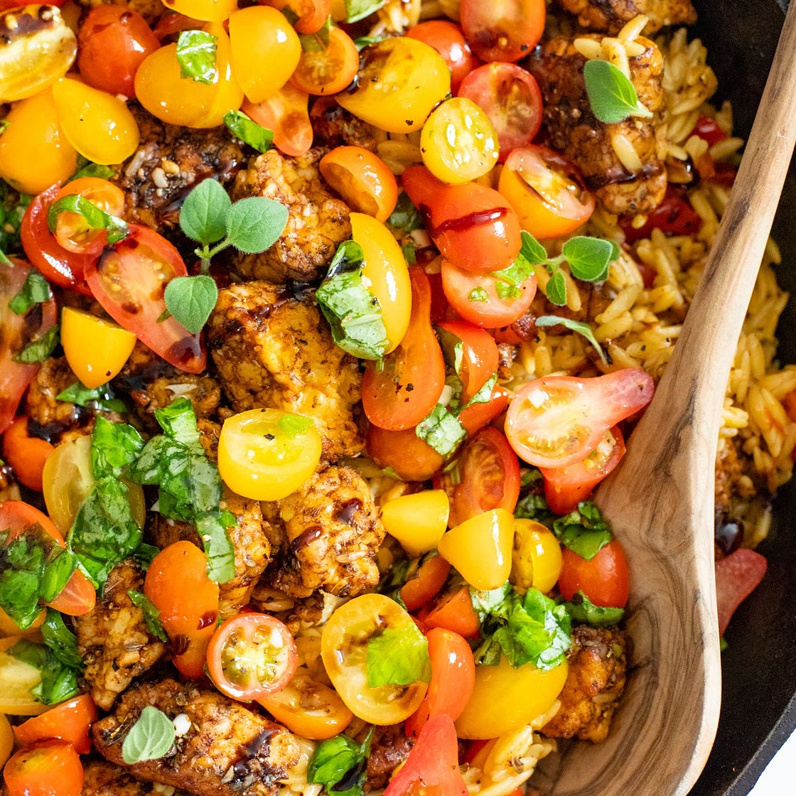Greek Tempeh Orzo Skillet