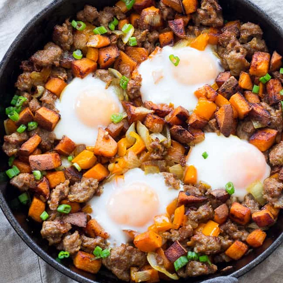 Sweet Potato Hash with Sausage and Eggs {Paleo & Whole30}