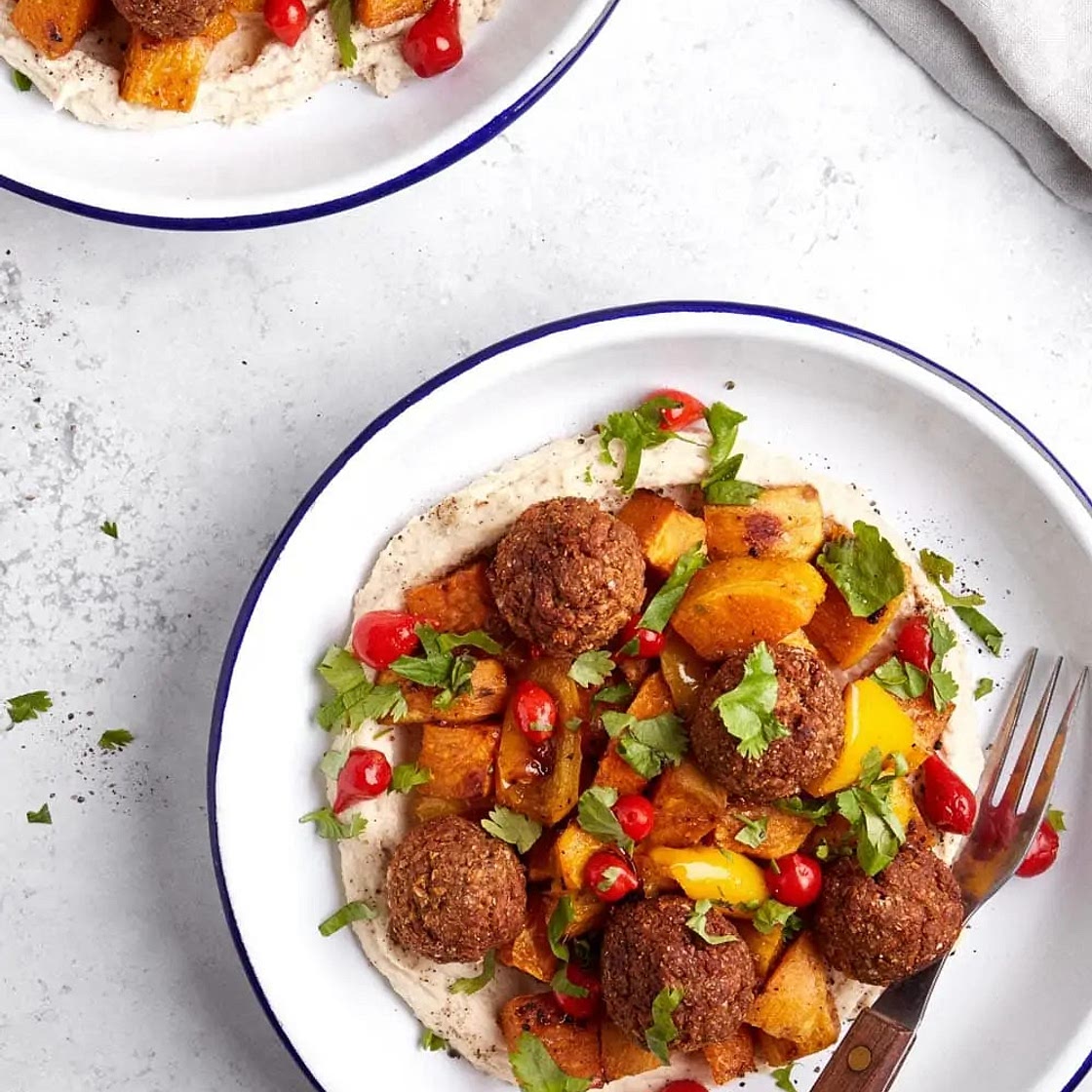 vegan sheet pan meatballs with spiced roasted veg