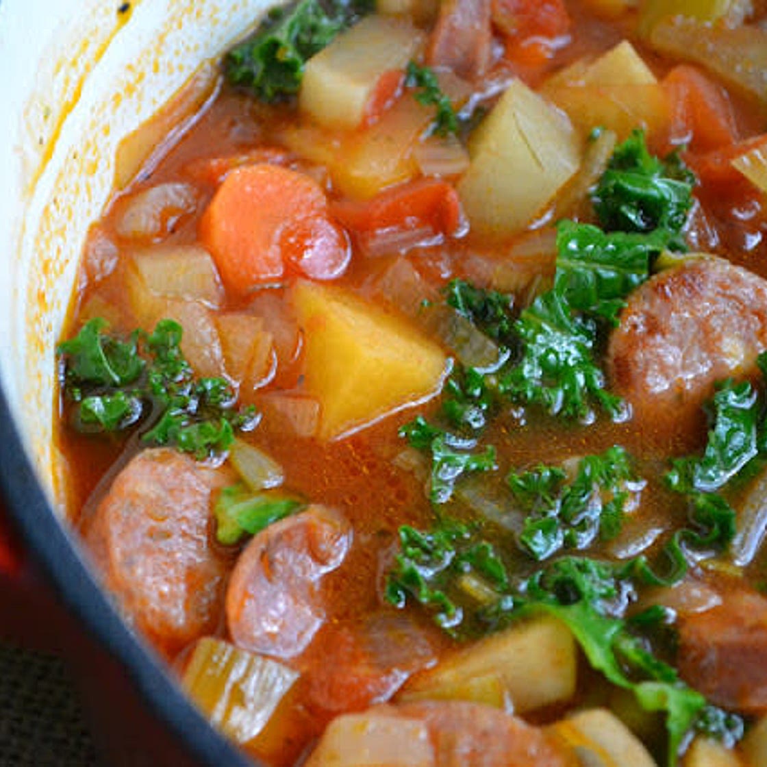 ROOT VEGETABLE SOUP WITH SAUSAGE AND KALE