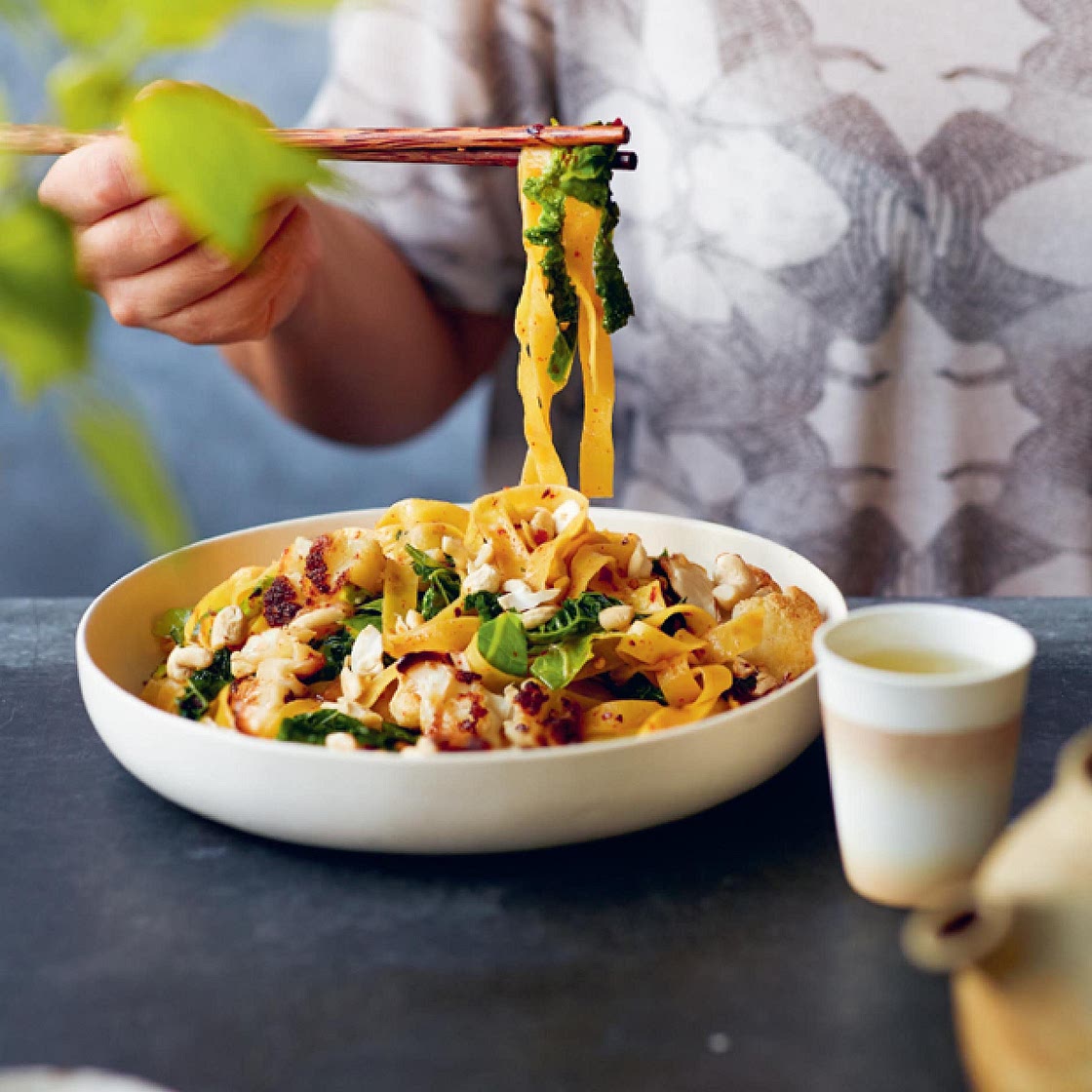 Savoy Cabbage, Roasted Cauliflower, and Cashew Chili Noodles