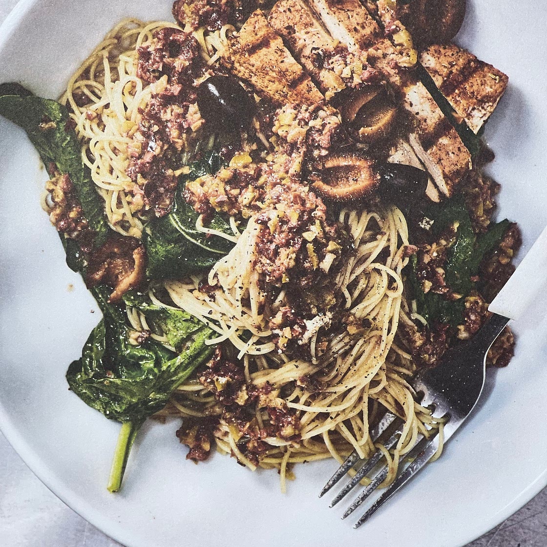 Angel Hair Tapenade with Tofu and Arugula