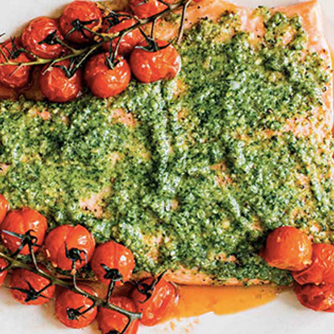 Salmon with Pesto and Blistered Tomatoes